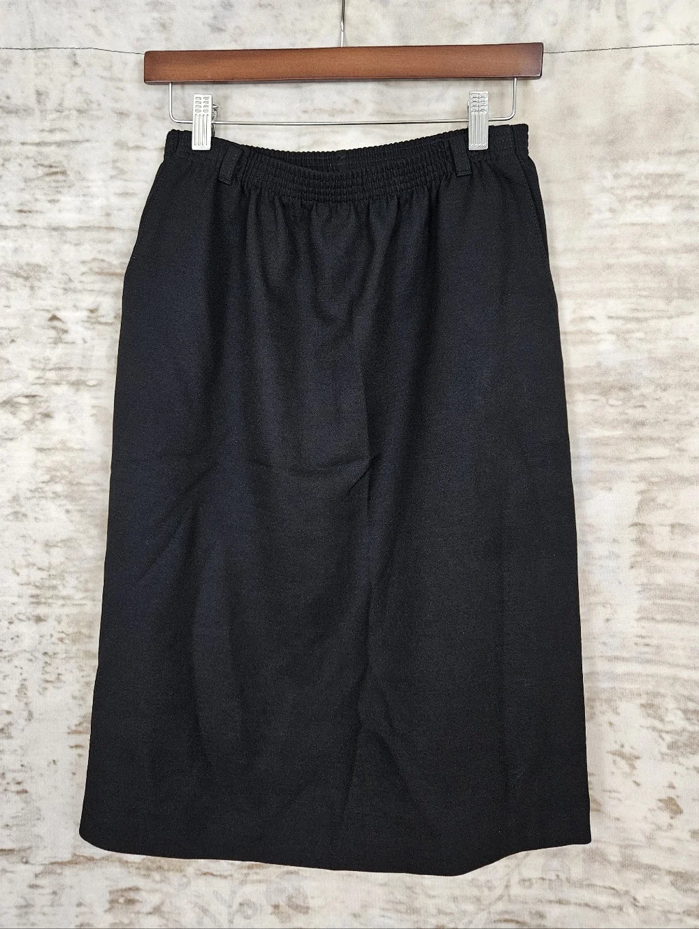 Vintage Black Pencil Skirt S M 90s Office Secretary Elastic Waist Pockets 9-5